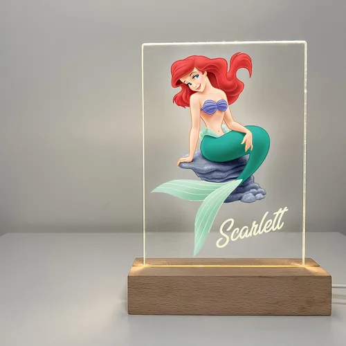 Miniatura 2 de Sirena bajo el mar base de madera de alta calidad, suave luz nocturna, lámpara de escritorio LED de princesa, letrero personalizado gratis con tu