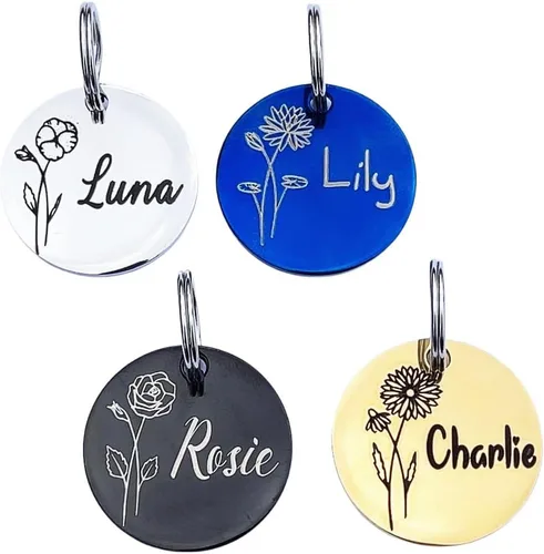 Dogs Cats ID Tags Personalized Designed Birth Month Flower Pets Collar Name Tags Custom Engraved Tags, Anti-Lost Name ID Collar Accessories Collar