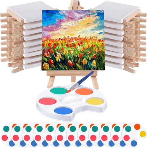 Miniatura 8 de Crtiin Mini juego de pintura de acuarela, regalos de 4 x 4 pulgadas, pequeños kits de pintura en lienzo con pinturas de caballete, pincel, fiesta