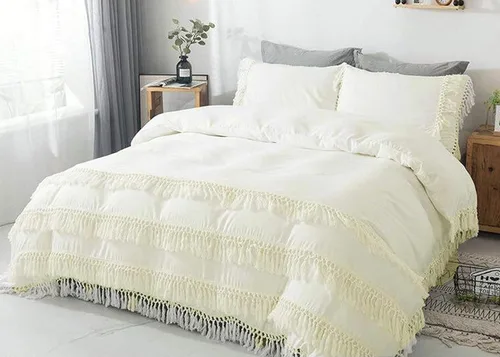 Miniatura 37 de Edredón hippie puro con borlas para dormitorio, manta bohemia con flecos indios, funda de edredón de algodón para mujer con fundas de almohada