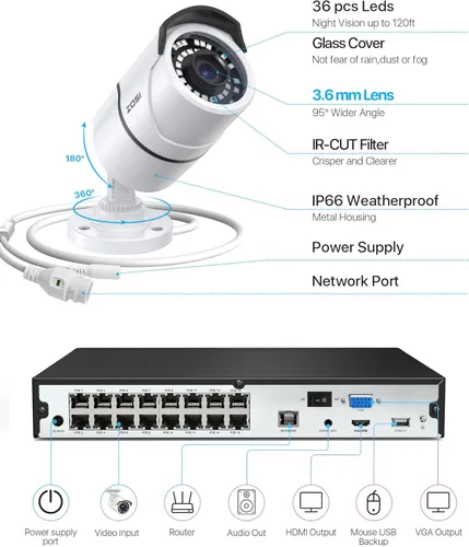 Miniatura 2 de ZOSI Sistema de cámaras de seguridad para el hogar 4K 16CH PoE con disco duro de 4TB, NVR CCTV H.265 de 8MP de 16 canales, 12 piezas de cámaras IP