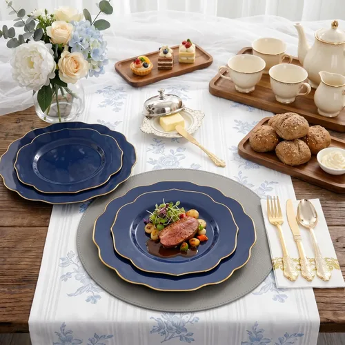 Miniatura 5 de NOCCUR 175 piezas de vajilla de plástico azul con cubiertos desechables - Incluye 50 platos desechables azules con borde dorado, 75 cubiertos Azul