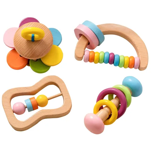 4 piezas de sonajeros de madera para bebés, juego de sonajeros orgánicos coloridos para bebés, sonajeros de madera para bebés de 0 a 6 a 12 meses,