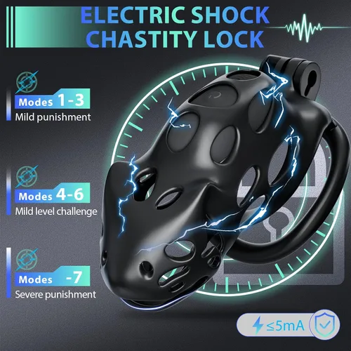 Miniatura 2 de Jaula de Castidad Masculina con Descarga Eléctrica de Juguete Sexual, Dispositivos de Castidad Jaula para Pene con 7 Vibraciones 7 Intensidades
