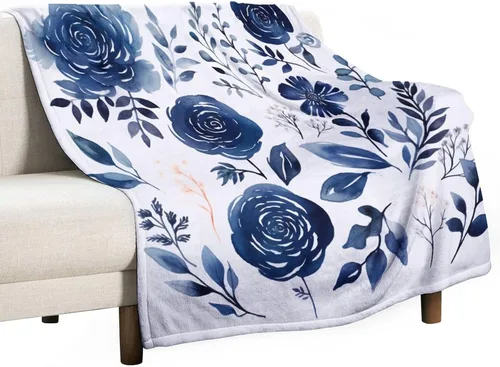 Miniatura 15 de Manta de flores de acuarela azul marino, bohemias, manta de acuarela floral con coronas de rosas y hojas de peonías, lujosa, cálida y acogedora