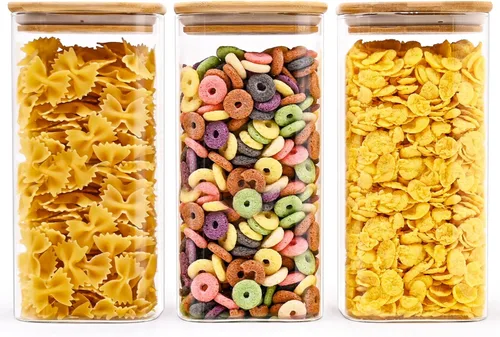 Miniatura 16 de SHOWIN Tarros de almacenamiento de pasta de vidrio de 73 onzas, tarros altos de vidrio con tapas de bambú, contenedor de espagueti, juego de 3