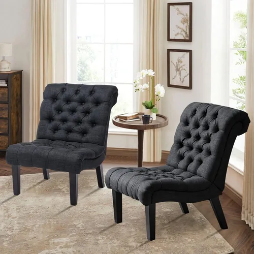 Miniatura 13 de Silla decorativa moderna para dormitorio, sala de estar, silla lateral tapizada con botones y sin brazos con patas de madera maciza, tela crema