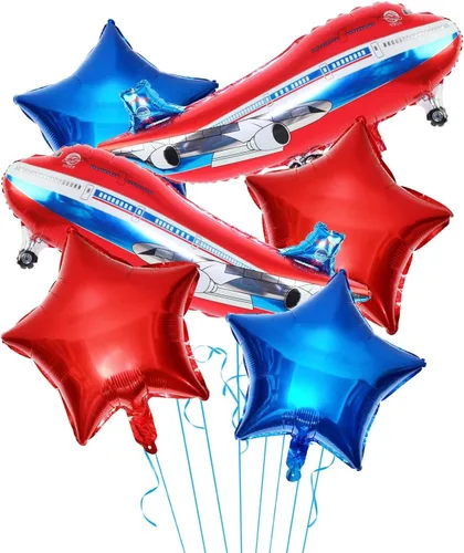 Miniatura 6 de ZHENGYE Juego de 6 piezas de decoración de cumpleaños de avión, globos azules grandes de avión, globos de papel de aluminio de mylar, globos