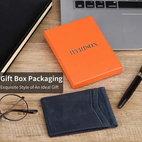 Miniatura 7 de HYRISON Cartera de cuero genuino Slim doble bolsillo frontal para hombres con clip de dinero bloqueo RFID