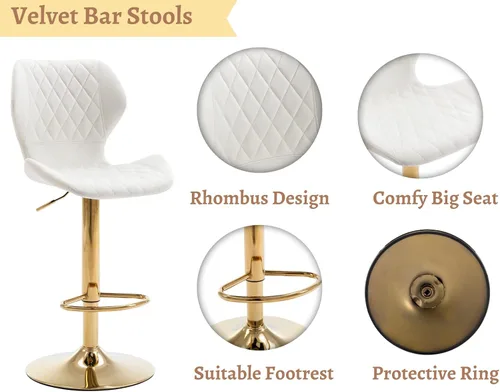 Miniatura 4 de EALSON Juego de 2 taburetes de bar de terciopelo con altura de mostrador con sillas de bar giratorias con base dorada, modernos taburetes de isla