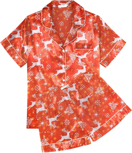 Miniatura 25 de Ekouaer Conjunto de pijama de satén de seda para mujer, suave, de manga corta, con botones, ropa para dormir, camiseta y pantalones cortos, juego