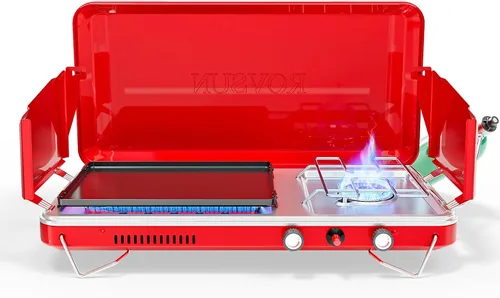 Miniatura 11 de ROVSUN 20000 BTU Propane Camping Stove with Adapter, 2 Burner Tabletop Portable Propane Camp Stove with Built-in Handle & Foldable Wind Panel for