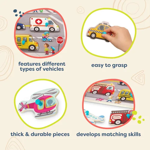 Miniatura 4 de B. toys – Peek & Explore – Vehículos – Rompecabezas de clavija de madera para niños pequeños, niños – 8 piezas – Camión de bomberos, avión, taxi