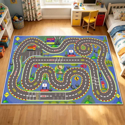 Miniatura 5 de Alfombra para Niños, Alfombras de Tapete de Juego de Pista de Carreras 47×31 pulgadas, Alfombra para Niños con Respaldo de Goma, Línea de Salida