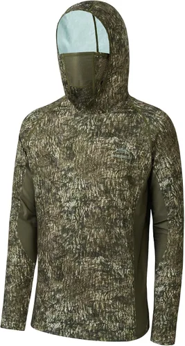 BASSDASH - Camiseta de caza para hombre con protección solar FPU 50+, manga larga con capucha tipo pasamontañas y diseño camuflado, para pesca