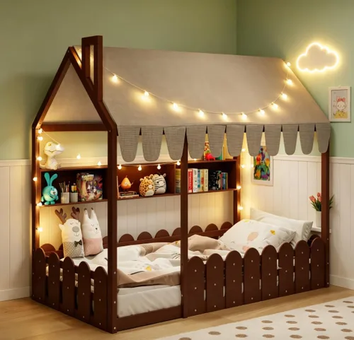 Bellemave Cama de piso doble con riel para niños, camas Montessori de madera con LED y estante y tienda de campaña para niños, sin listones Espresso