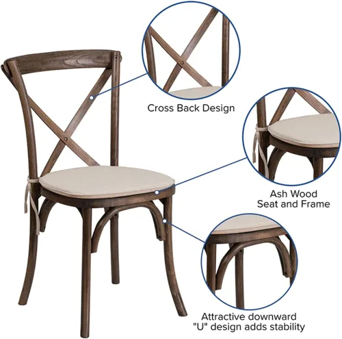 Miniatura 7 de Flash Furniture HERCULES Series Silla apilable de madera americana con respaldo cruzado con cojín Temprano americano