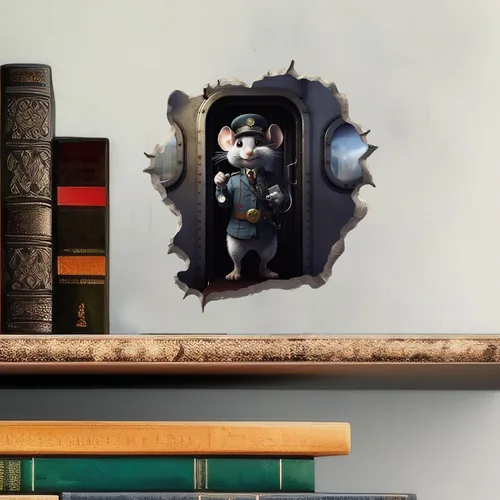Miniatura 2 de Adhesivo de pared 3D con agujero de ratón y conductor de tren