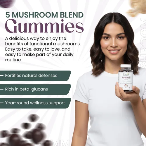 Miniatura 3 de Everé MycoMelt Gummies – Mezcla de 5 hongos con melena de león, reishi, cordyceps, chaga y cola de pavo – Vegano, complejo de hongos a base