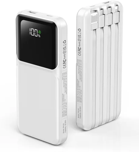 Miniatura 11 de RONEGN Cargador portátil con cable integrado, cargador de batería de carga rápida USB C, pantalla LED de 10000 mAh, 5 salidas y 3 entradas