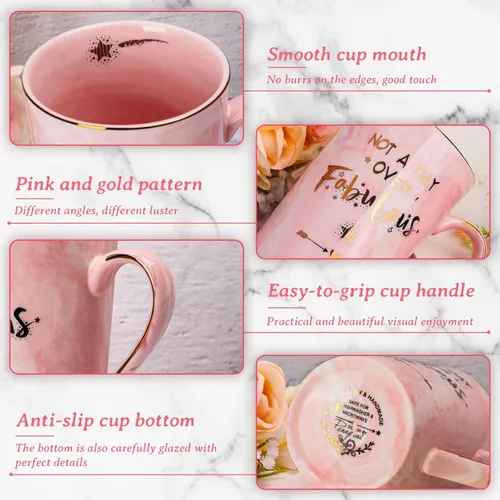 Miniatura 3 de Divertidos regalos de cumpleaños para mujeres, taza de café de 14 onzas con texto en inglés "Not a Day Over Fabulous" impresa con oro, ideas de Rosa