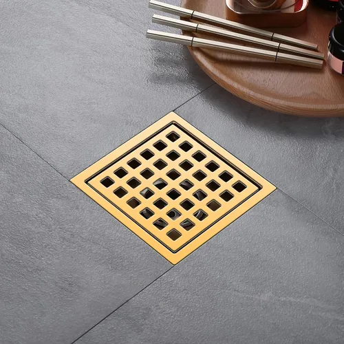 Miniatura 7 de Drenaje de ducha, oro cepillado de 4 pulgadas, drenaje cuadrado de piso de ducha con brida, panel de rejilla removible de acero inoxidable SUS 304