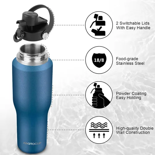 Miniatura 5 de ABOTOCUP Botella de agua de 32 onzas aislada con recubrimiento en polvo, cabe en cualquier portavasos de automóvil, botellas de agua con popote