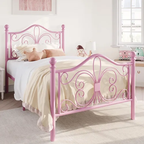 Miniatura 3 de SHA CERLIN Marco de Cama Tamaño Twin para Niños, Marco de Cama de Metal con Cabecero y Pie de Cama de Diseño de Patrón de Mariposa, No Necesita Rosa