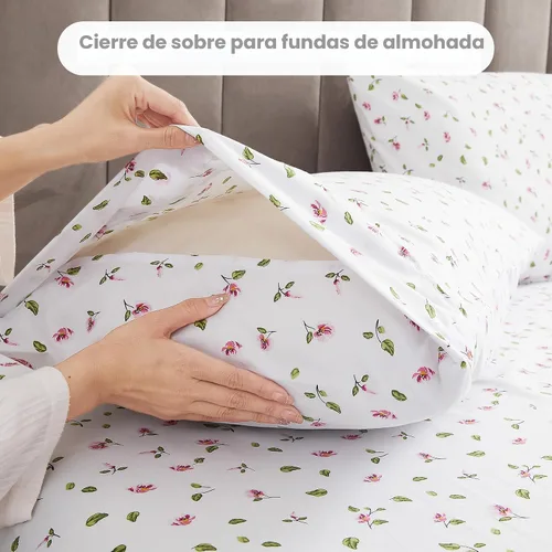 Miniatura 6 de Mooreeke - Juego de sábanas Queen de 4 piezas - Juego de sábanas de microfibra suave y transpirable - Juego de sábanas con estampado de flores rosas