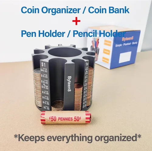 Miniatura 8 de Byteen8 Contador de Monedas Clasificador de Cambio｜Soporte para Bolígrafos y Lápices como Organizador de Escritorio｜Alcancía para Adultos