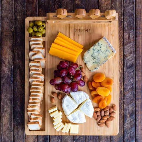 Miniatura 5 de Juego de tabla de queso de bambú y cuchillos de 14 x 11 pulgadas – Tabla de cortar queso de madera, bandeja de servir, juego de tabla de embutidos