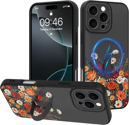 Miniatura 115 de Funda diseñada para iPhone 17 Pro Max con soporte plegable y correa para dedos, bonito patrón de lazo de corazón de flor rosa para mujeres y niñas