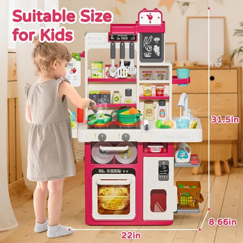 Miniatura 6 de Letapapa Juego de Cocina Infantil, Juguetes de Cocina con Sonido y Luz Realistas, Estufa de Cocina, Fregadero, Comida de Juego y Accesorios de Rojo