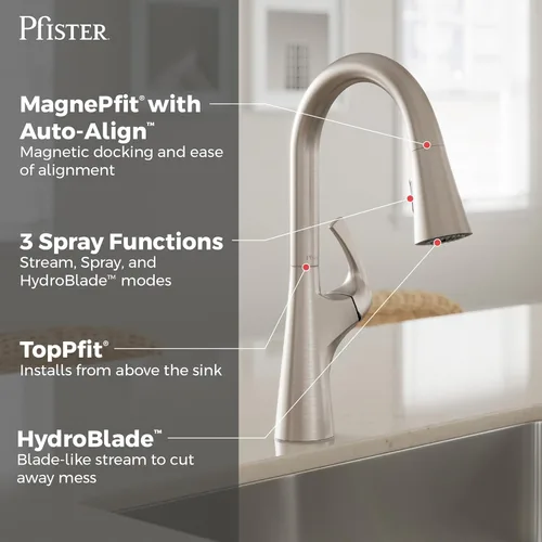 Miniatura 4 de Pfister Talega - Grifo de cocina con pulverizador extraíble, de un solo mango, arco alto, certificado NSF, acabado de acero inoxidable Spot Defense