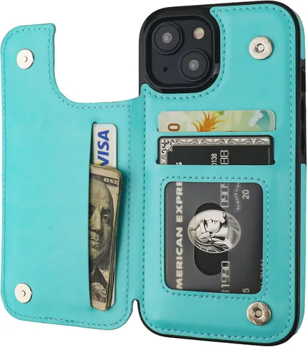 Miniatura 13 de ONETOP - Funda tipo cartera compatible con iPhone 15 con soporte para tarjetas, funda de piel sintética con ranuras para tarjetas, doble cierre Azul