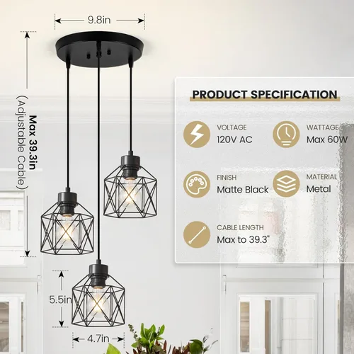 Miniatura 3 de Lámparas colgantes de 3 luces, iluminación colgante de estilo granja, candelabro de comedor, lámpara colgante industrial para isla de cocina