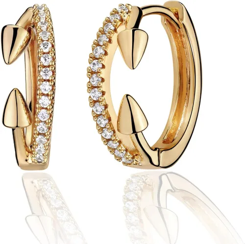 Mevecco Aretes tipo huggie chapados en oro de 18 quilates, delicados aretes de aro de circonita cúbica blanca brillante con cuentas geométricas de