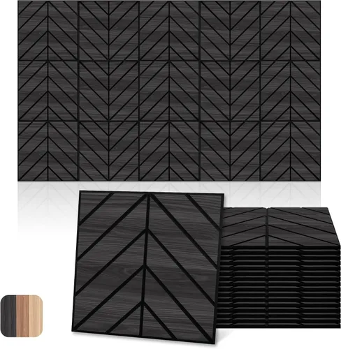 Miniatura 14 de Mollywell Paneles acústicos, decoración de grano de madera de PVC, azulejos de pared con patrón tallado de 12 x 12 pulgadas, autoadhesivos