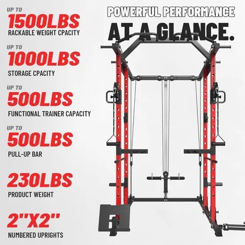Miniatura 4 de Mikolo Jaula de Potencia, Rack de Potencia con Sistema de Cruce de Cables, 1500LBS Rack para Sentadillas con Sistema de Jalón LAT, Jaula de Rojo
