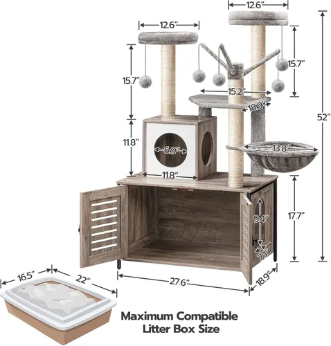 Miniatura 3 de HOOBRO Árbol para gatos con recinto para caja de arena, 27.6" L x 18.9" A x 52" Al, Torre de madera para gatos todo en uno, Muebles para gatos