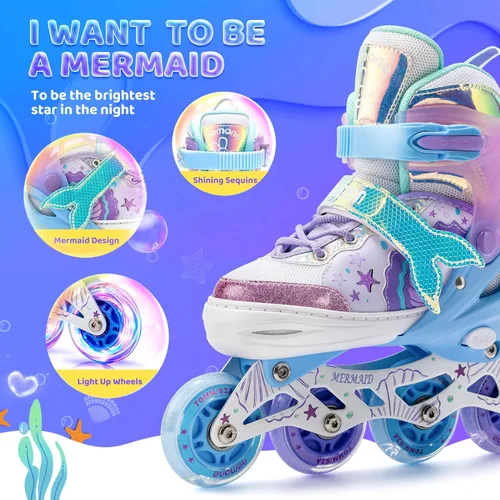 Miniatura 3 de NEMONE Patines en línea estilo sirena, patines ajustables en 4 tallas para niñas y niños con ruedas iluminadas, para principiantes, uso en A- Sirena