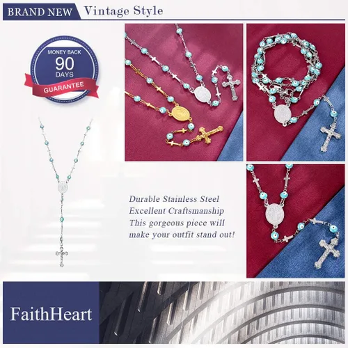 Miniatura 5 de FaithHeart Collar de cuentas de rosario católico, medalla de San Miguel, San Cristóbal, Virgen María y San Benito con dije de cruz, cuentas de 6