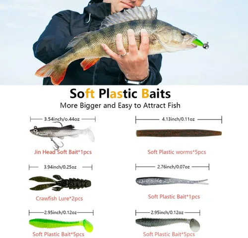 Miniatura 4 de Kit de señuelos de pesca, incluyendo cebos, anzuelos, palas, lombrices, plomos, ganchos, caja de aparejos y más equipo de pesca para truchas