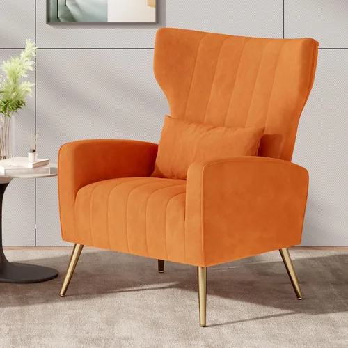 Miniatura 14 de Nalupatio Sillas decorativas de terciopelo, moderno sillón con respaldo alto con almohada lumbar, sillón tapizado de respaldo alto con patas de Beige