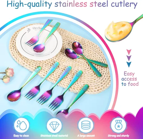 Miniatura 3 de Pimoys Juego de cubiertos de 12 piezas para niños, diseño de arcoíris, de acero inoxidable, tenedores y cucharas seguros para niños, juego