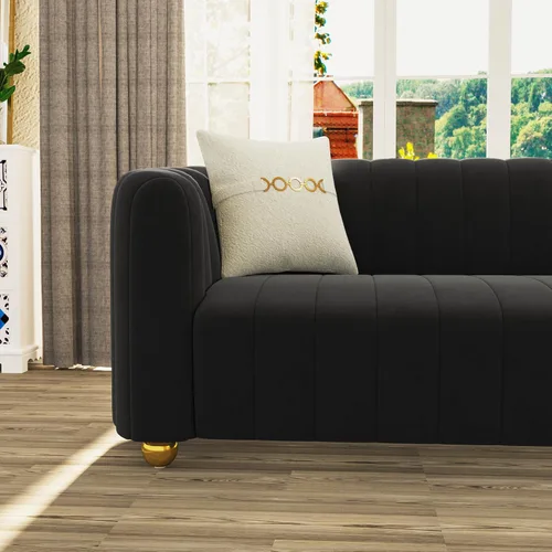 Miniatura 4 de Sofá de terciopelo negro de 83 pulgadas, sofá moderno de mediados de siglo para 3 personas Chesterfield copetudo de terciopelo con 2 almohadas