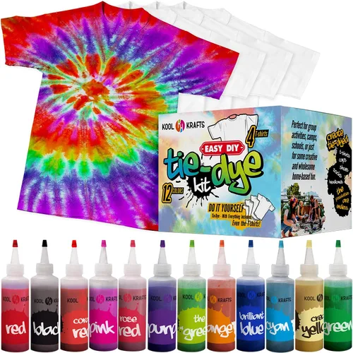 KOOL KRAFTS Kit de teñido anudado, todo incluido con 12 colores vibrantes, + 4 camisetas blancas, perfecto para niños y adultos, divertidos
