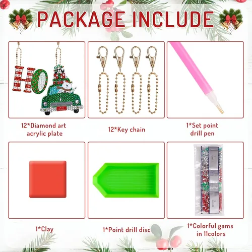 Miniatura 4 de AnyDesign 12 piezas de llavero de arte de diamantes de Navidad, hecho a mano, camión, Papá Noel, muñeco de nieve, pintura de gemas, colgante