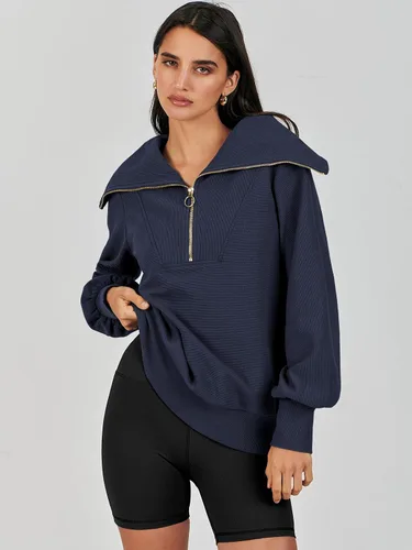 Miniatura 2 de ANRABESS Sudadera de manga larga con cremallera de un cuarto para mujer, sudadera de manga larga con media cremallera, moda 2024