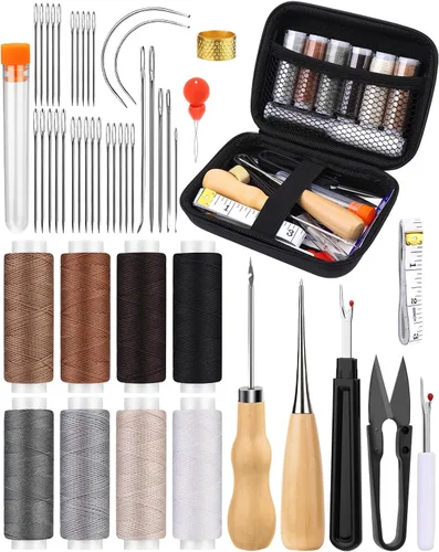 Miniatura 10 de BAGERLA Kit de costura de reparación de tapicería, kit de costura resistente con herramientas de punzón, desgarrador de costura, agujas de costura a
